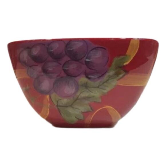 Set of 4 Red Hand-Painted Square Bowls – Grapes Apples Geometric Soup Cereal - Picture 6 of 8
